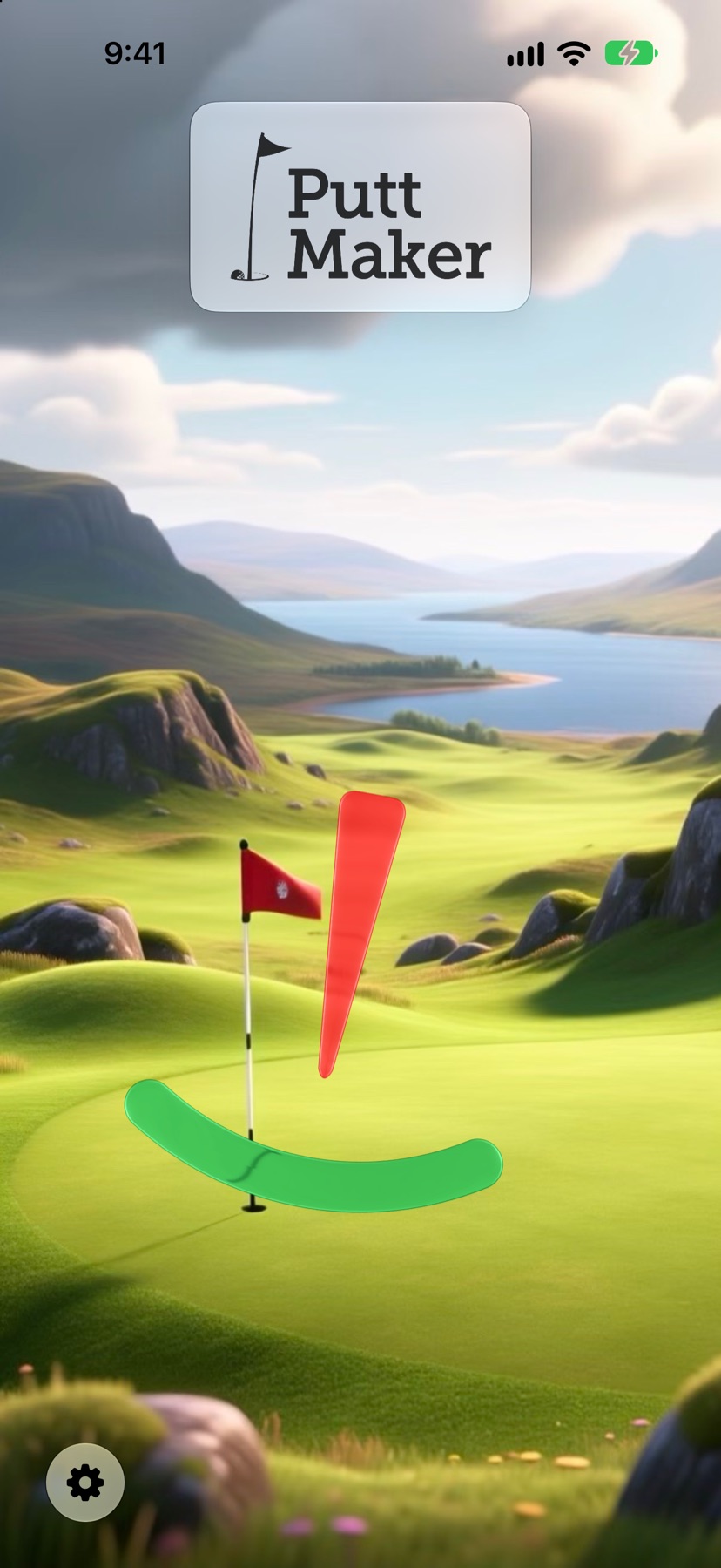 Putt Maker main screen: a red needle and green arc reading a gentle slope on an animated highland green