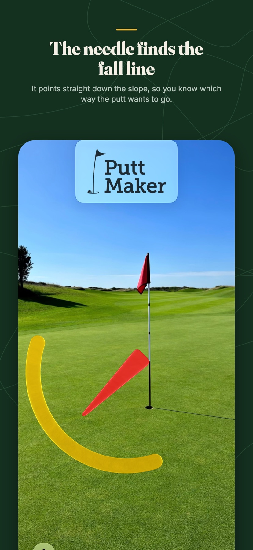 Putt Maker's red needle pointing straight down the fall line of a sunlit green, with a yellow arc marking a moderate break