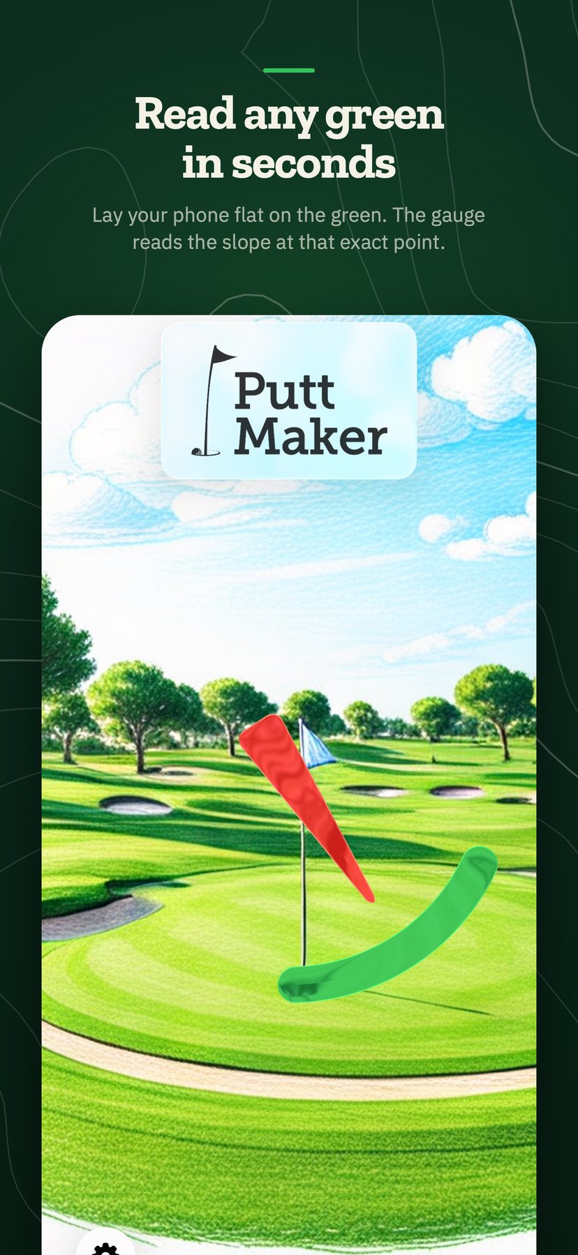 Putt Maker slope gauge over a sunlit fairway: a red needle and green arc showing the fall line and break at the flag