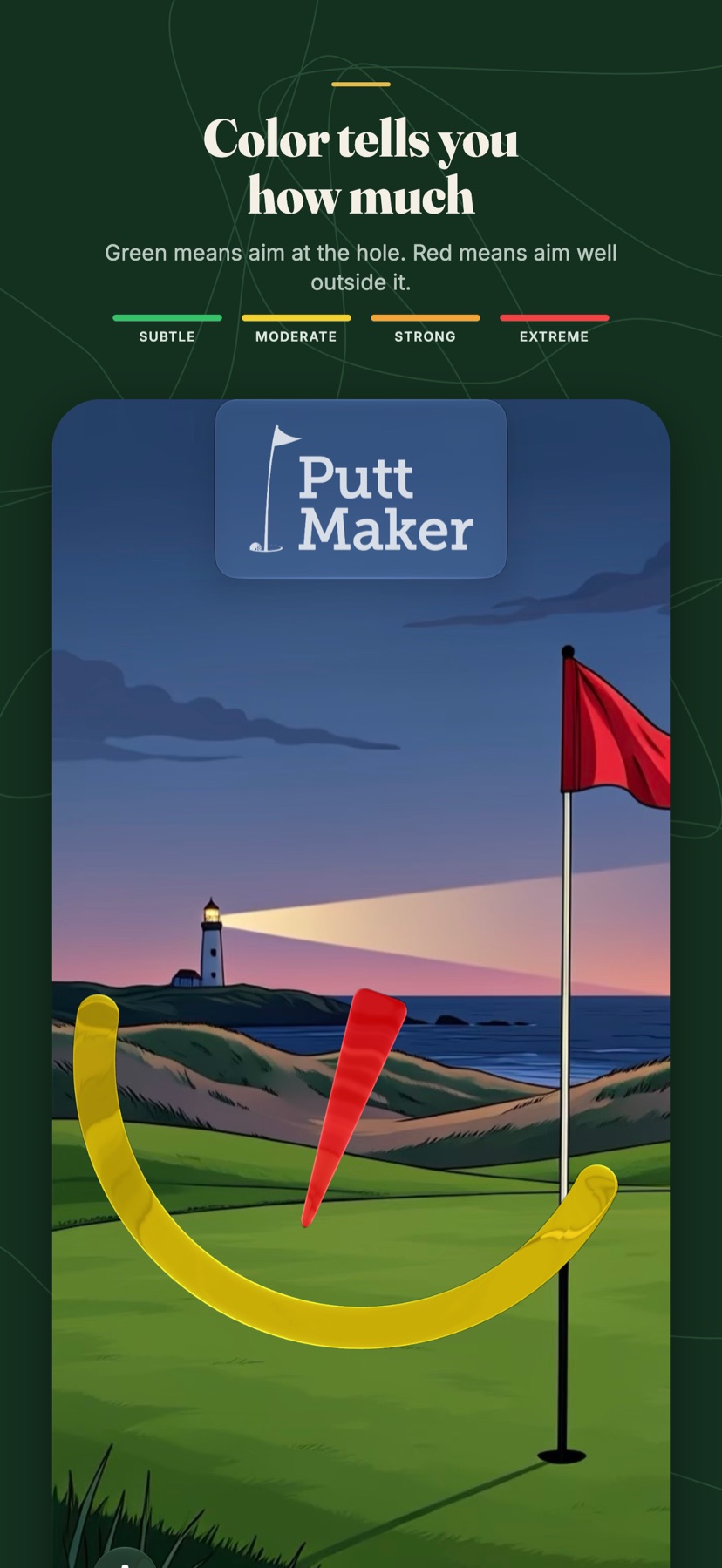 Putt Maker's subtle-to-extreme color legend over an illustrated coastal green at dusk, a lighthouse beam behind the flag