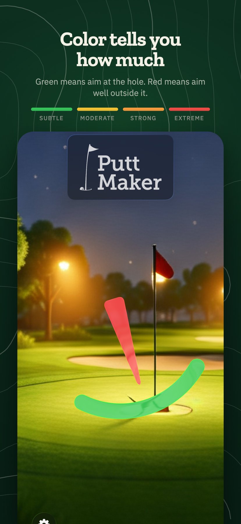 Putt Maker's subtle-to-extreme color legend over a floodlit night green