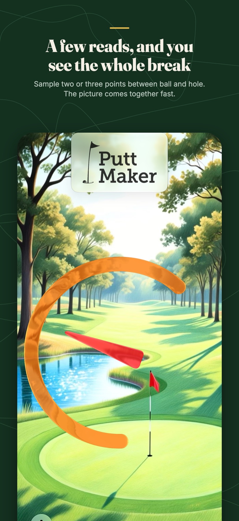 Putt Maker's orange arc sampled across a sketched parkland green beside a pond, showing the whole break from ball to hole