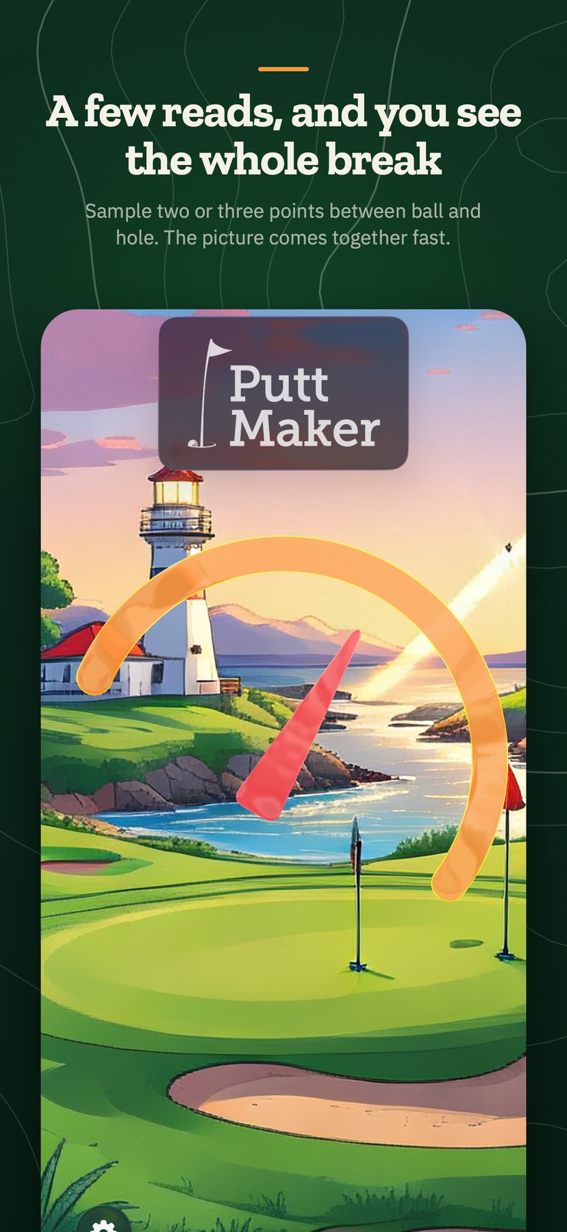 Putt Maker's orange arc sampled across a sunset green near a lighthouse, showing the whole break from ball to hole
