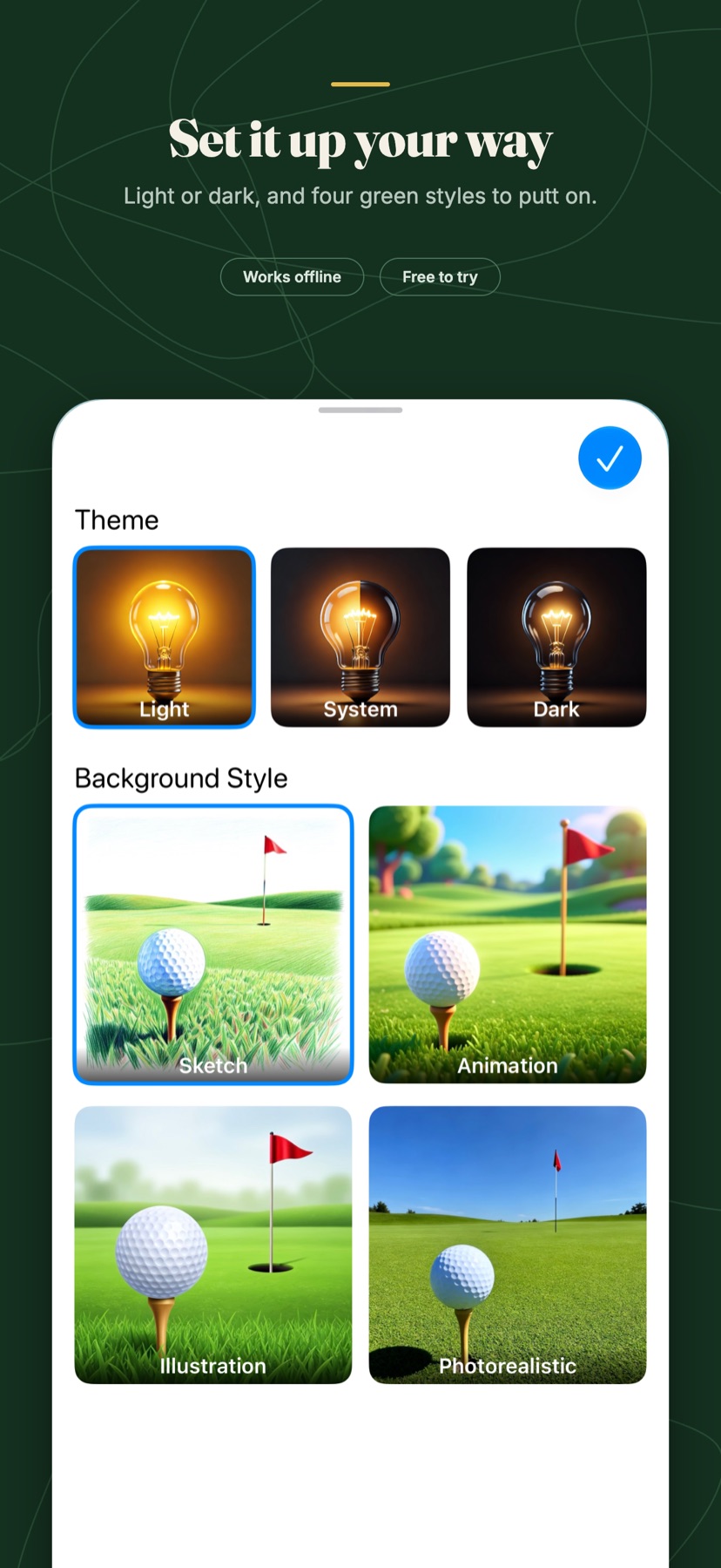 Putt Maker's theme and background style settings: light, system, or dark, with sketch, animation, illustration, or photorealistic greens