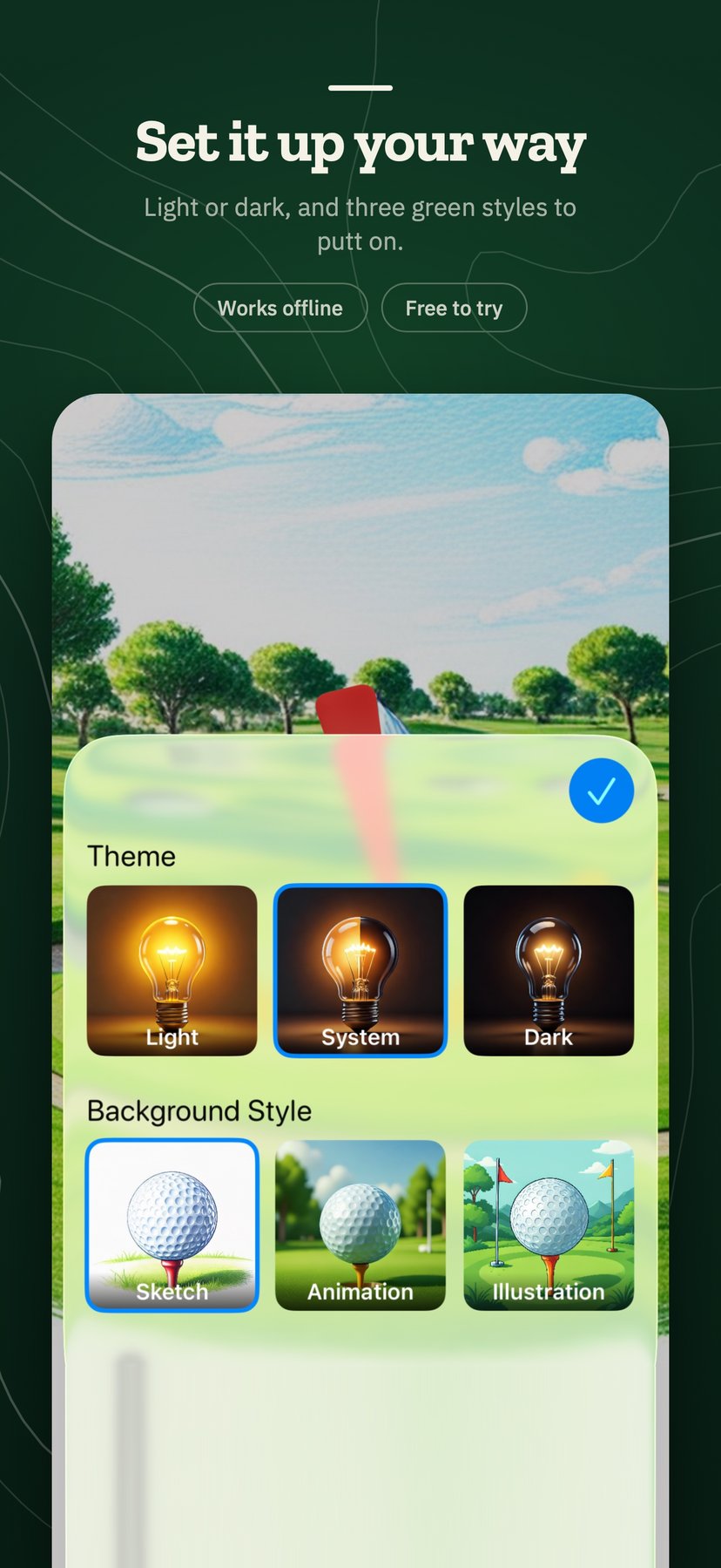 Putt Maker's theme and background style settings: light, system, or dark, with sketch, animation, or illustration greens