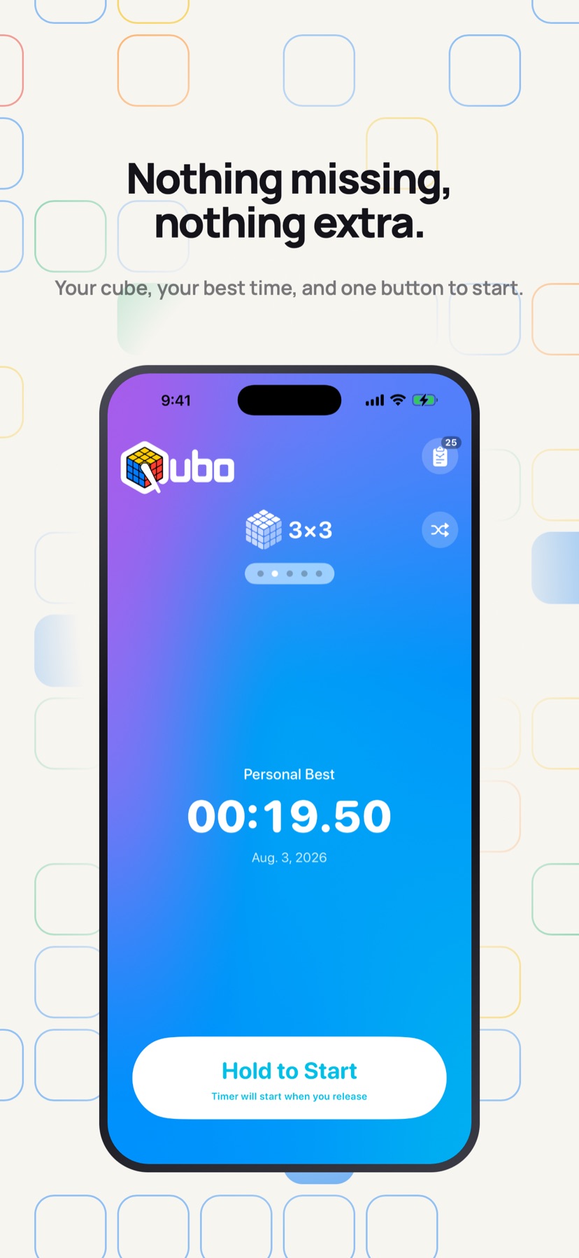 Qubo home screen: the 3&times;3 cube picker with the timer ready and the current personal best below it