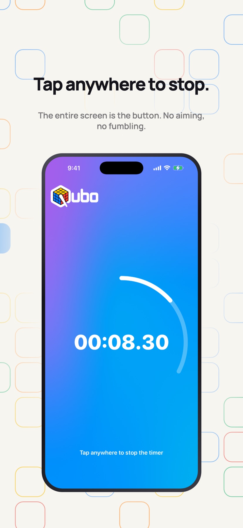 Qubo timer running full screen, where a tap anywhere stops the clock