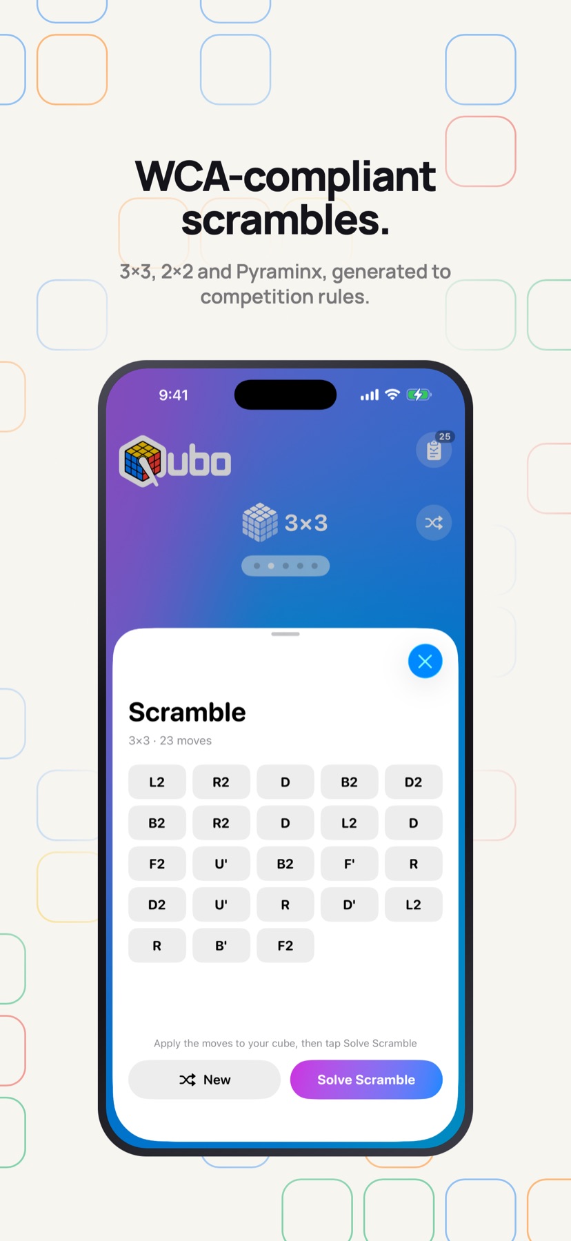 Qubo scramble sheet: a 23-move 3&times;3 scramble laid out move by move