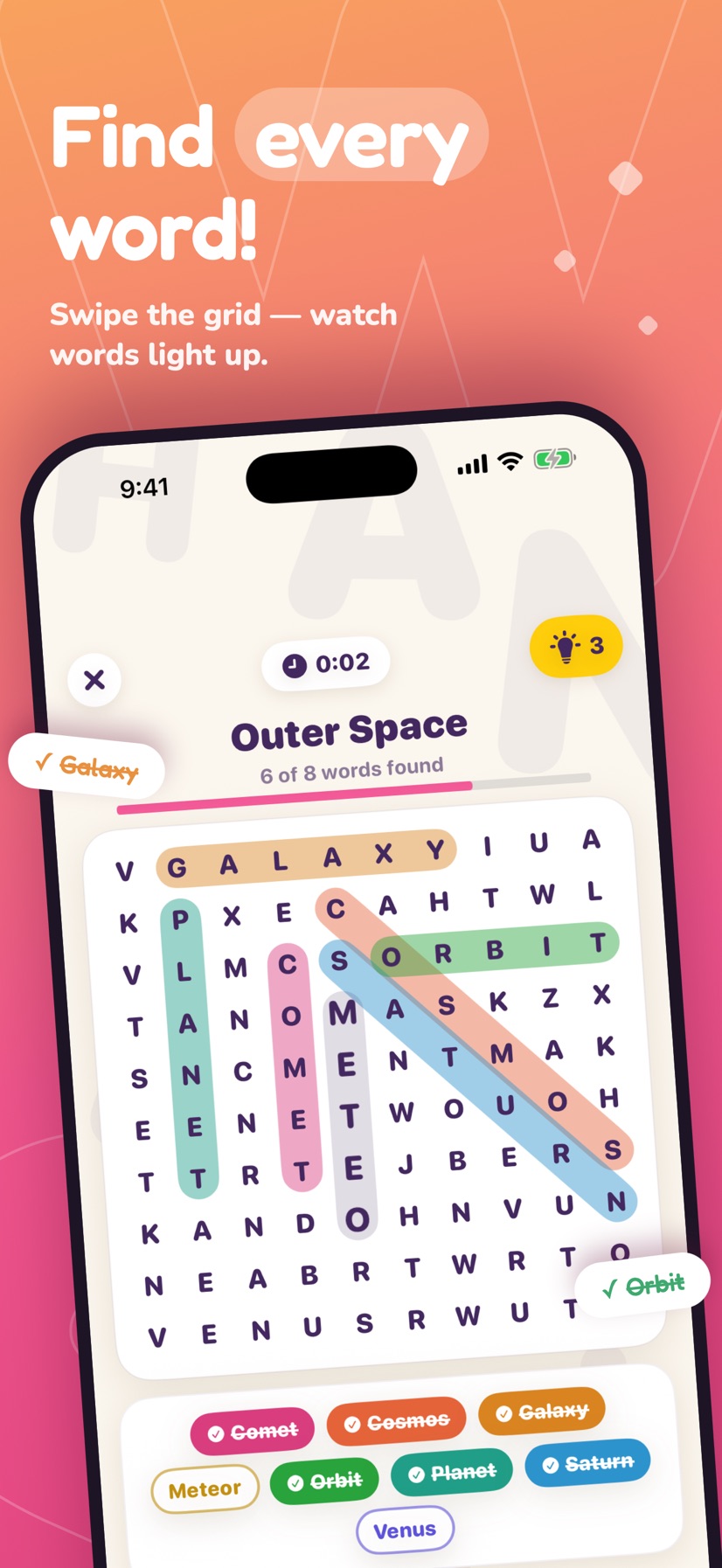 Search Me! gameplay: circling GALAXY, ORBIT, and COMET in an Outer Space puzzle