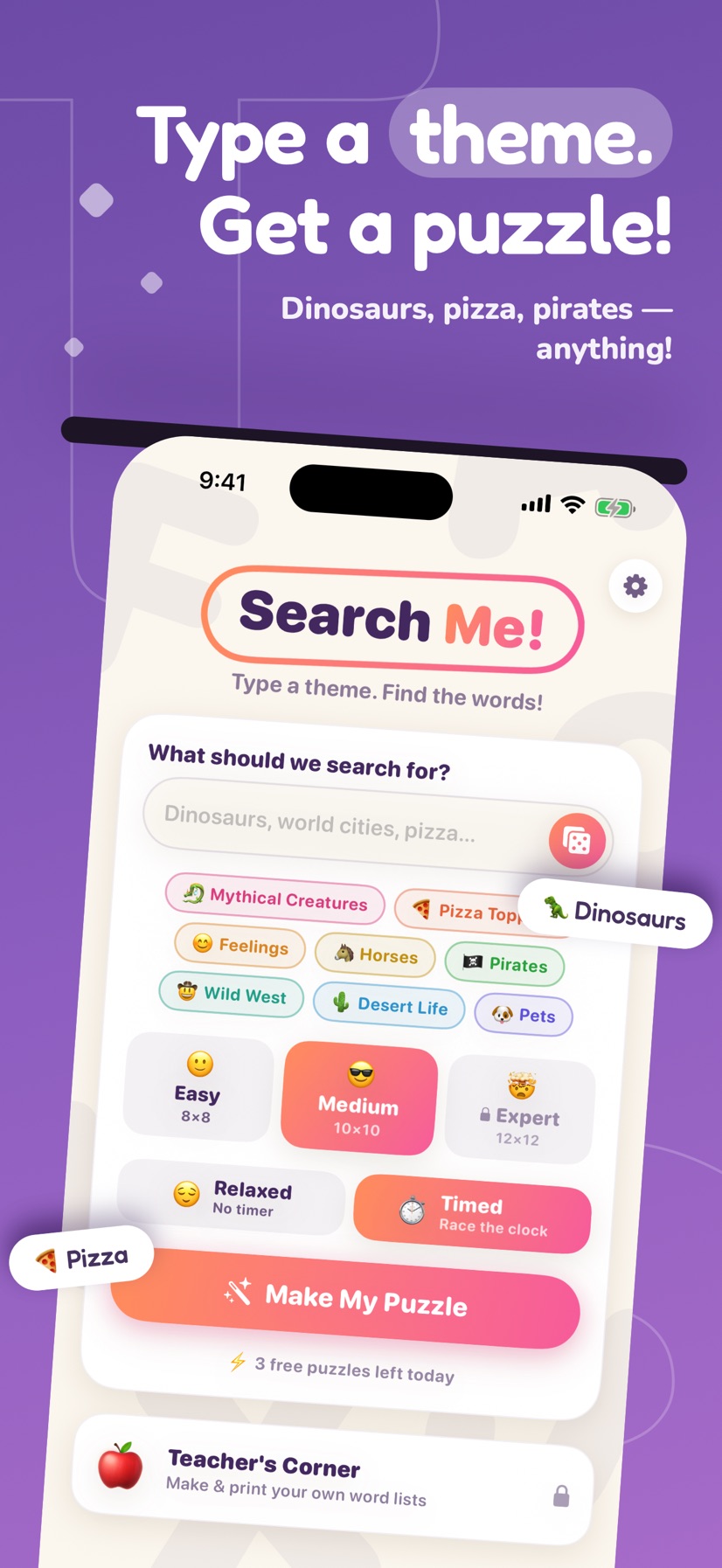 Search Me! home screen: typing a theme and choosing difficulty