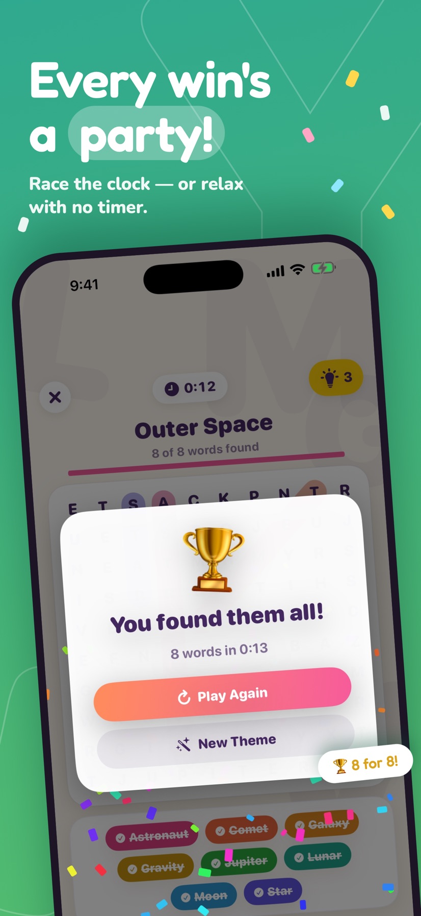 Search Me! win screen with confetti celebration