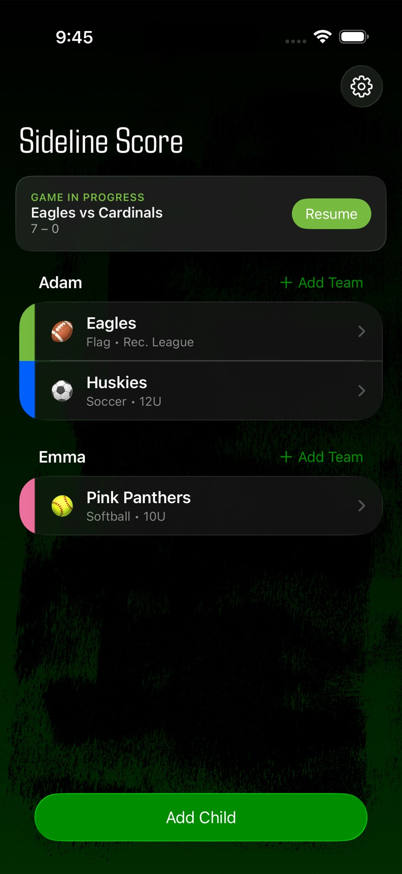 Sideline Score home screen with in-progress game resume banner