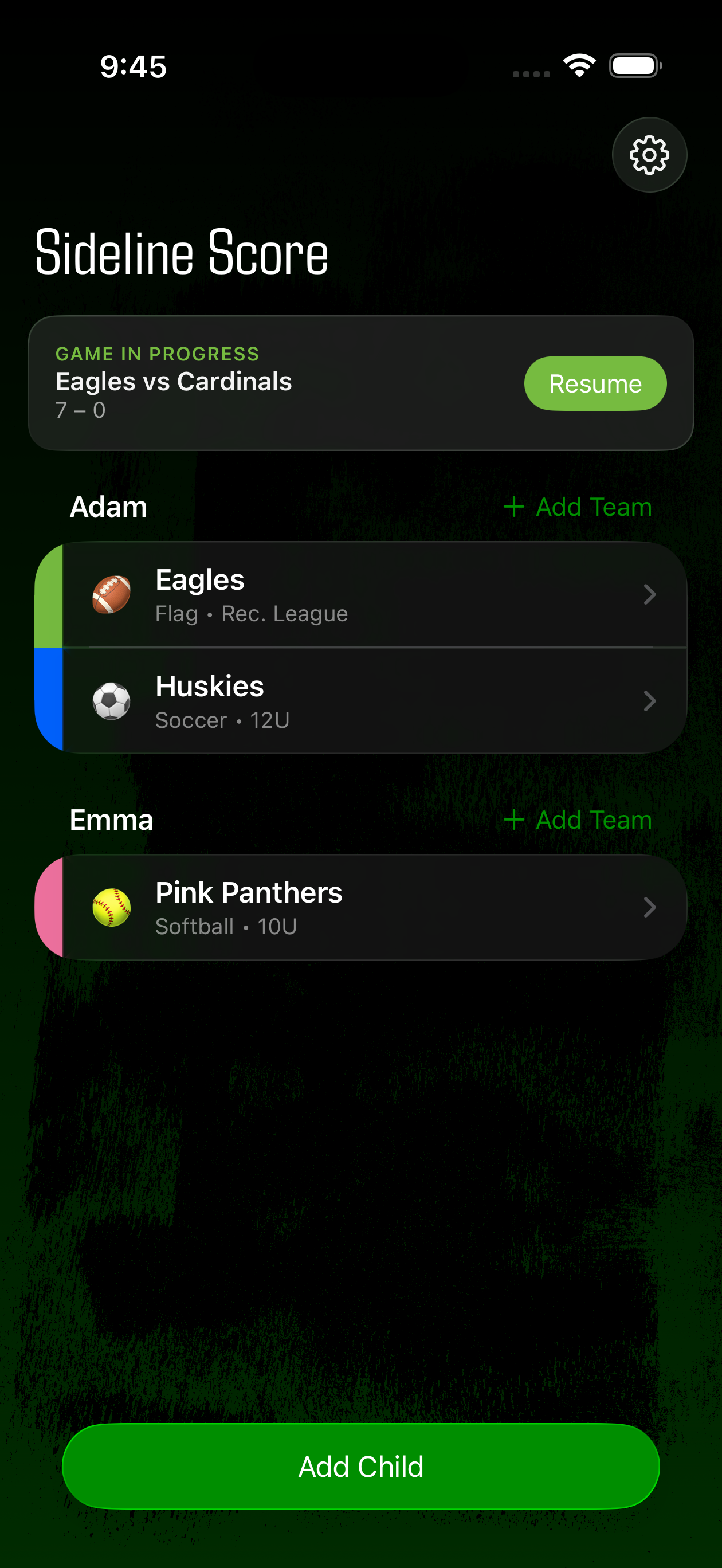 Sideline Score home screen with in-progress game resume banner