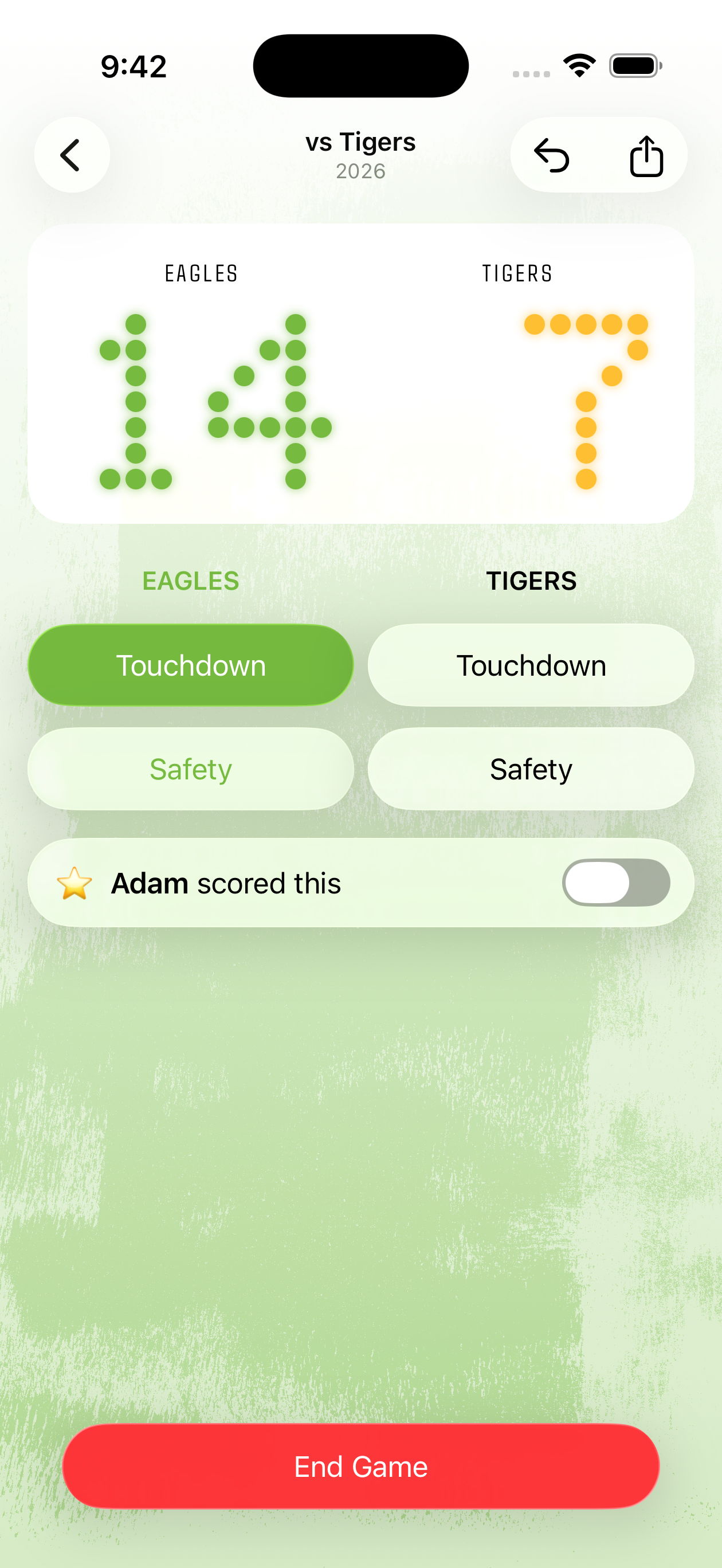 Sideline Score live game with LED scoreboard and one-tap scoring buttons