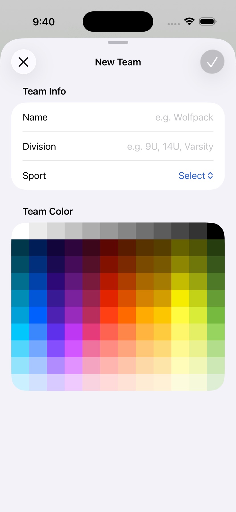 Sideline Score new team form with full color picker