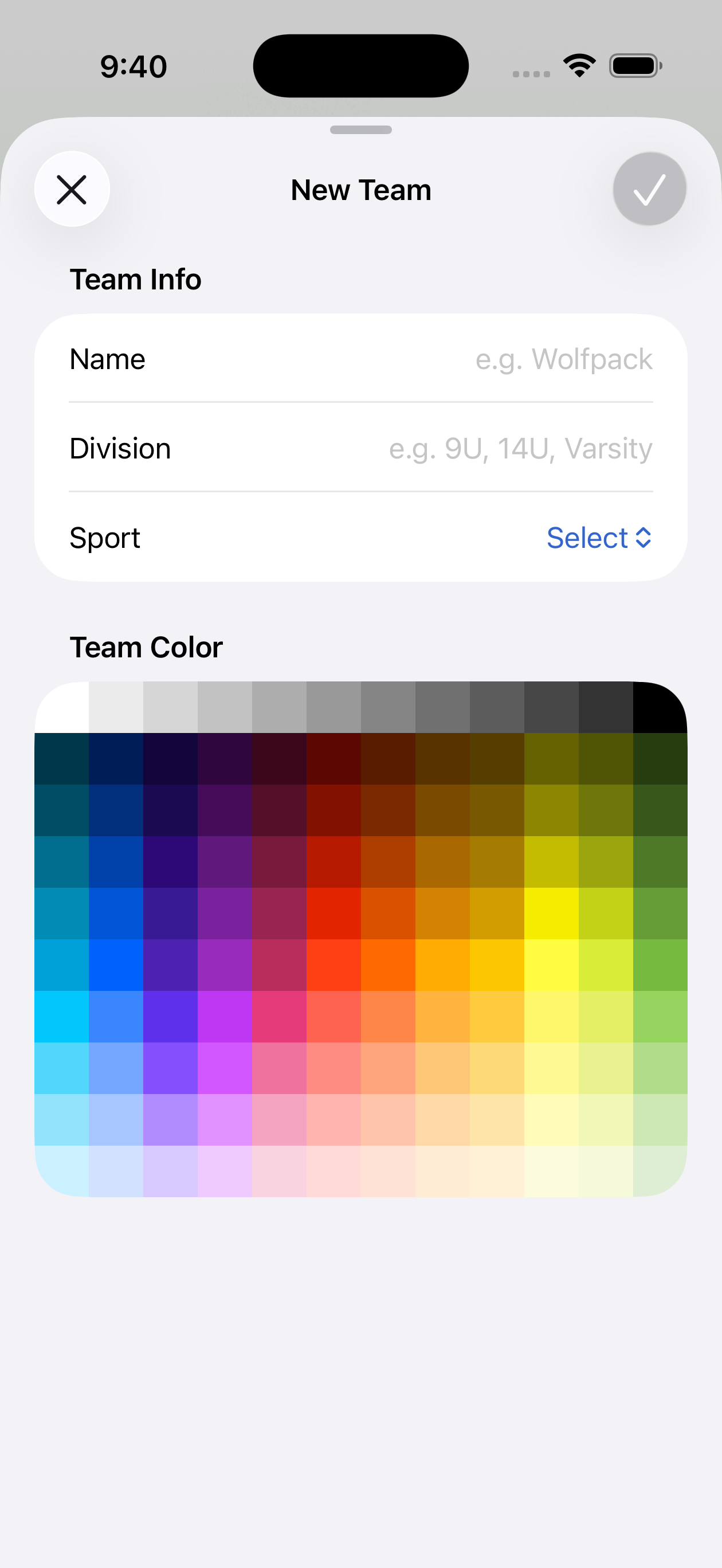 Sideline Score new team form with full color picker