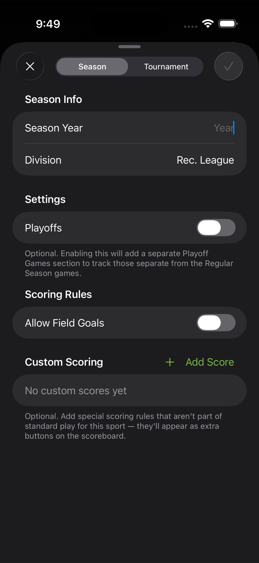 Sideline Score season setup with configurable scoring rules and custom scores