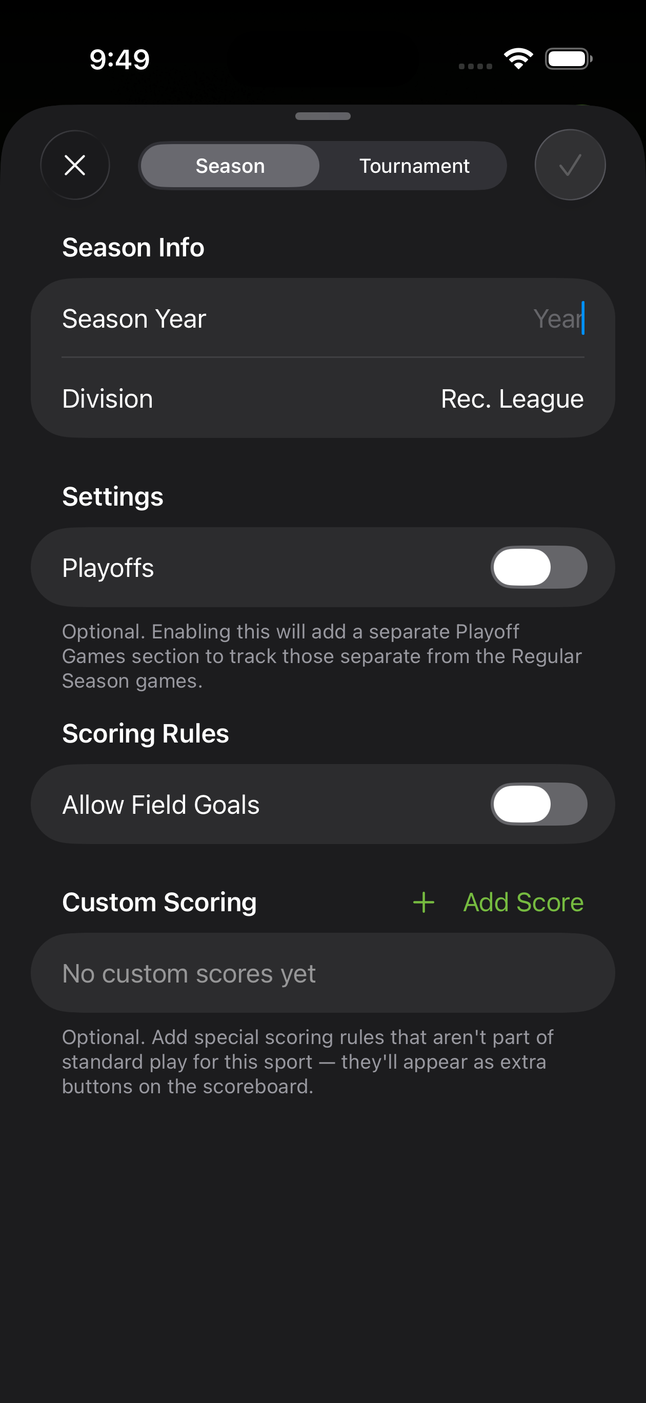 Sideline Score season setup with configurable scoring rules and custom scores